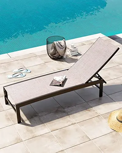Outdoor Lounge Chairs, Metal Pool Chaise Lounge Chairs, Adjustable Five-Position Tanning Recliner, All Weather for