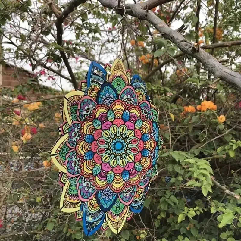 3D Colorful Wind Spinning Mandala 12 Inch Foldable Rotating Wind Chime 12 Inch Garden Metal Wind Chime Peacock Flower