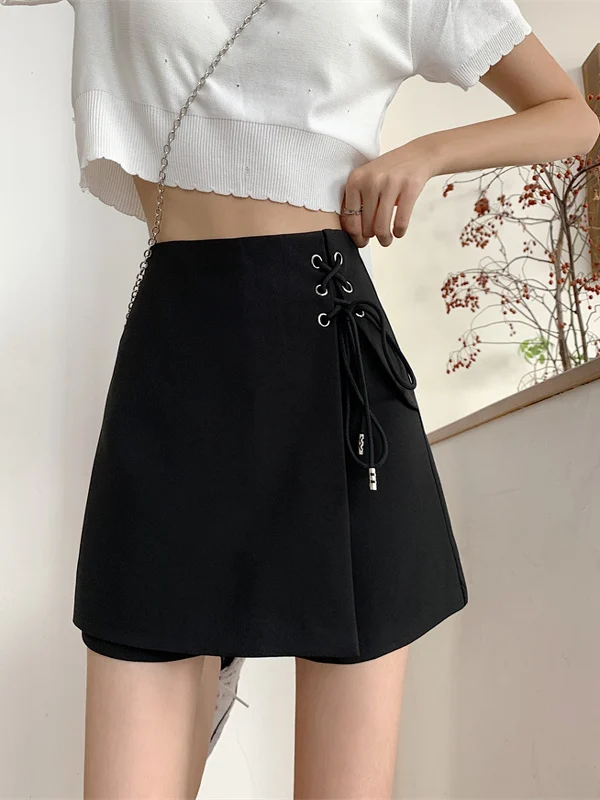 Black Asymmetrical Thin A-Line  Skirt Women's Summer New High Waist Cover Hip Short Skirt Casual Pants Thin Material