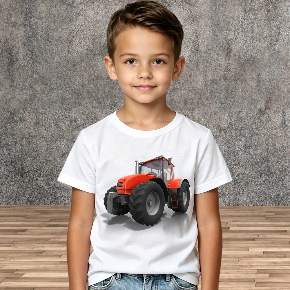 Casual Play Boys Cartoon Tractor Graphic Cotton Tees Children Summer Short Sleeve Shirts
