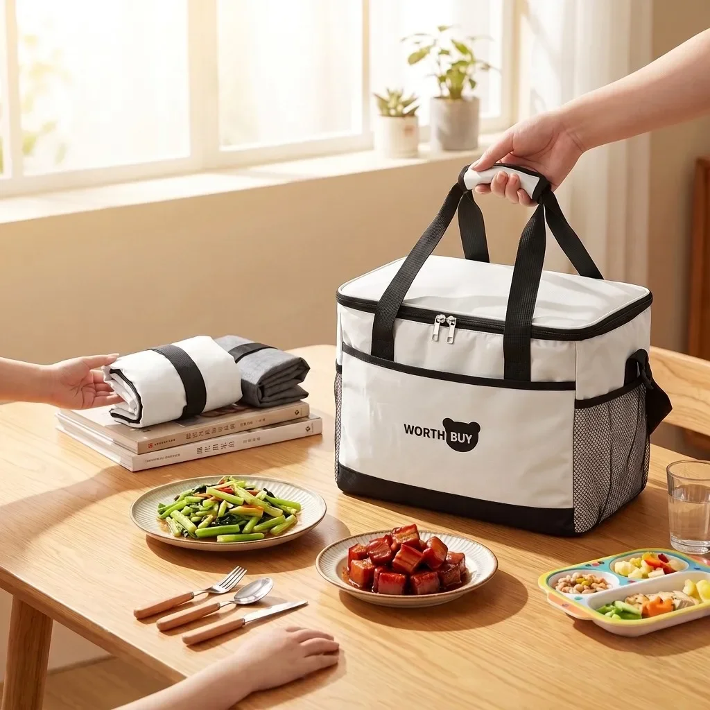 Large Capacity Oxford Thermal Lunch Bag Insulated Cooler Bento Box Bag with Shoulder Pockets for Women Men Students Work Picnic