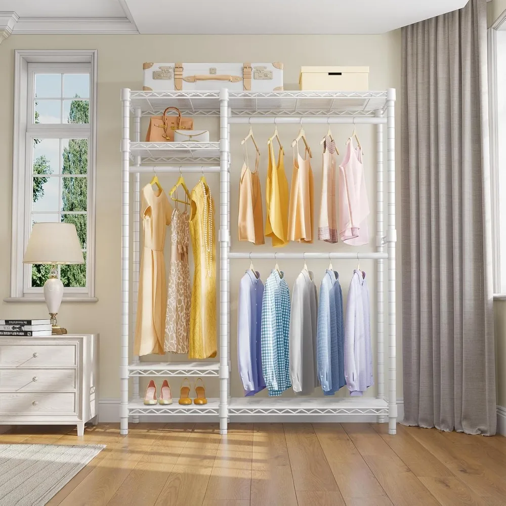 V2 Garment Rack Metal Clothing Racks for Hanging Clothes with 4 Tiers Wire Shelving & 3 Hanging Rods, Free Standing Closet