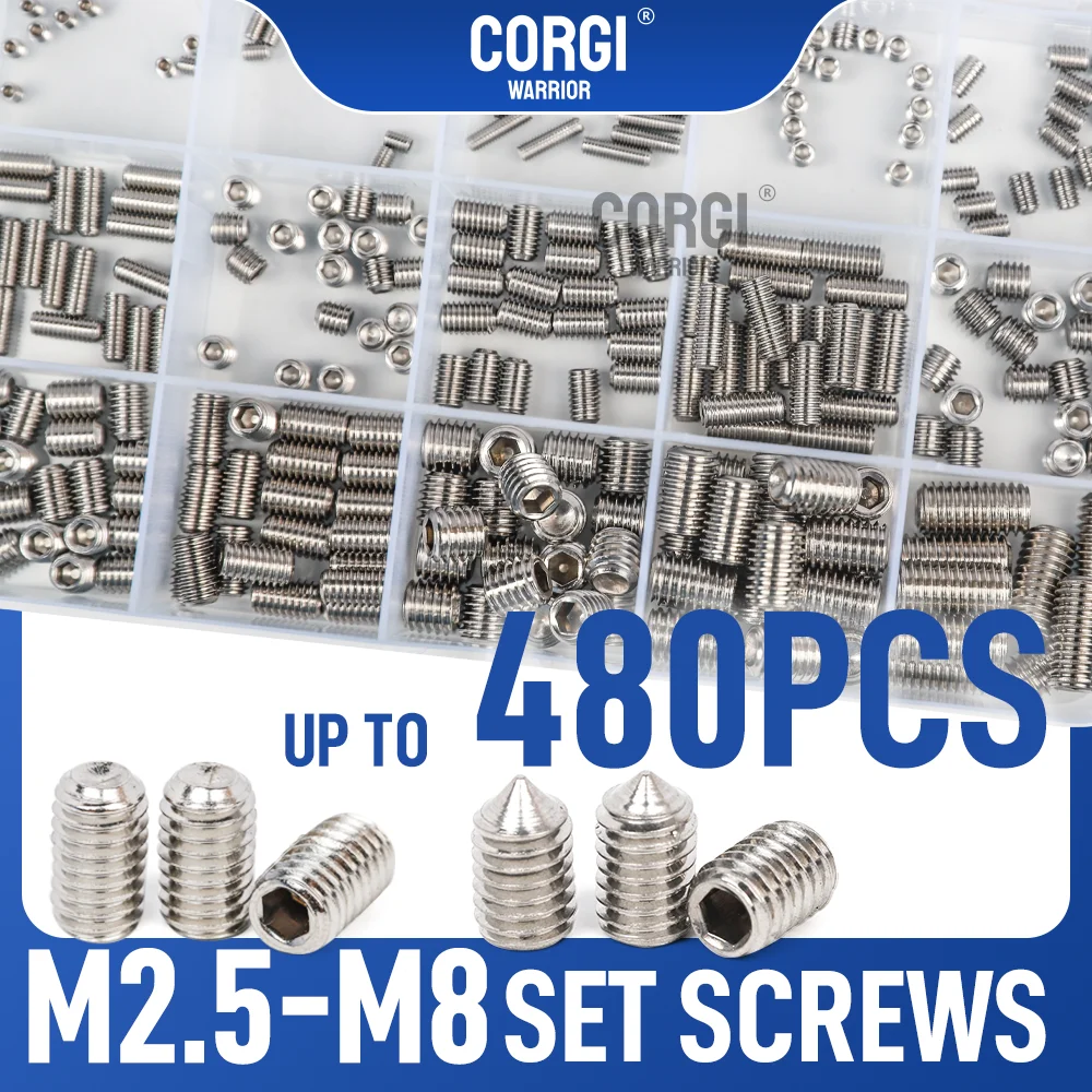 Up to 480 Set Screw Assortment Kit M2.5 M3 M4 M5 M6 M8 Metric Cup Cone Point Socket Head Stainless Steel 304 Grub Set Screws