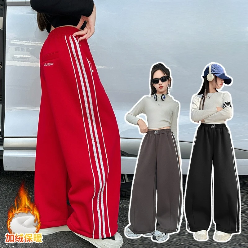 

Детские свободные прямые детские зимние теплые штаны для девочек с боковыми полосками, детские утепленные брюки для девочек, повседневные термоспортивные штаны