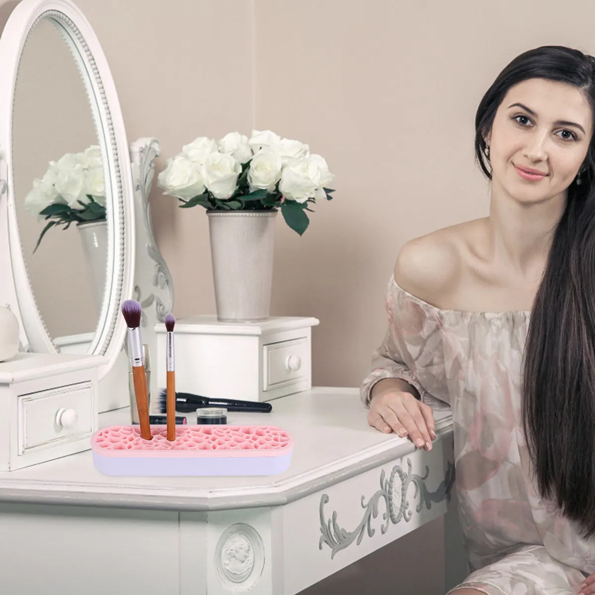 Creative Pink Makeup Brush Holder Silicone Brush Drying Rack Organizer Portable Display Shelf for Travel Camping Home