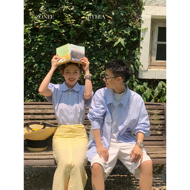 

Lea Song wen Barcelona's Early Summer, оригинальный дизайн, синяя полосатая пара Sle irt, хлопок, длинный свек, свободный крой