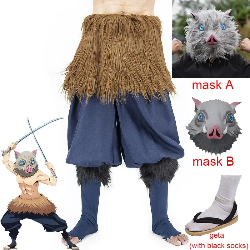 

Anime Hashibira Inosuke Cosplay Costume Pig Silicone Mask Geta Clogs Sandals with Black Socks