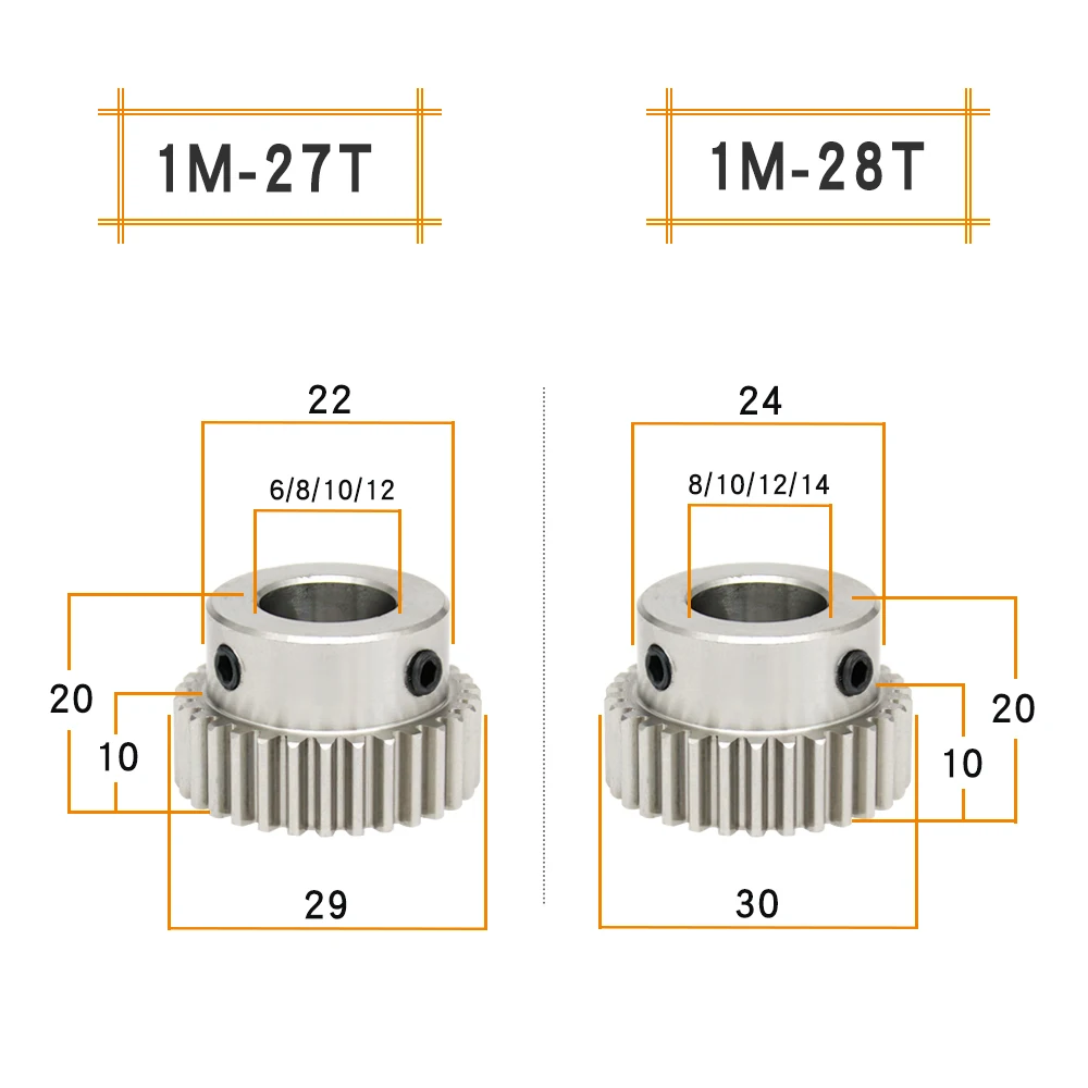 1 Piece Worm Gear 1M-27T/28T Bore Size 6/8/10/12/14 mm 304 Stainless Steel Pinion Gear Teeth Thickness 10 mm Total Height 20 mm