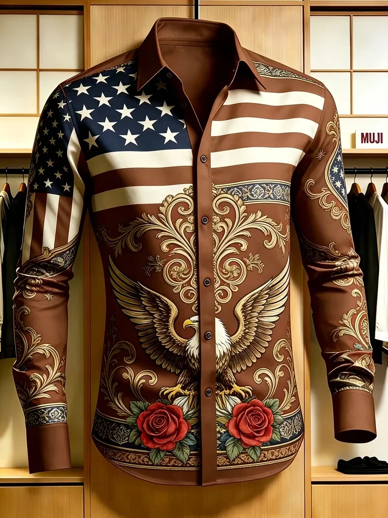 New Gilded Ancient Snake Totem Vertical Stripe Printed Long Sleeve Shirt Smooth Satin Collar Men's Top