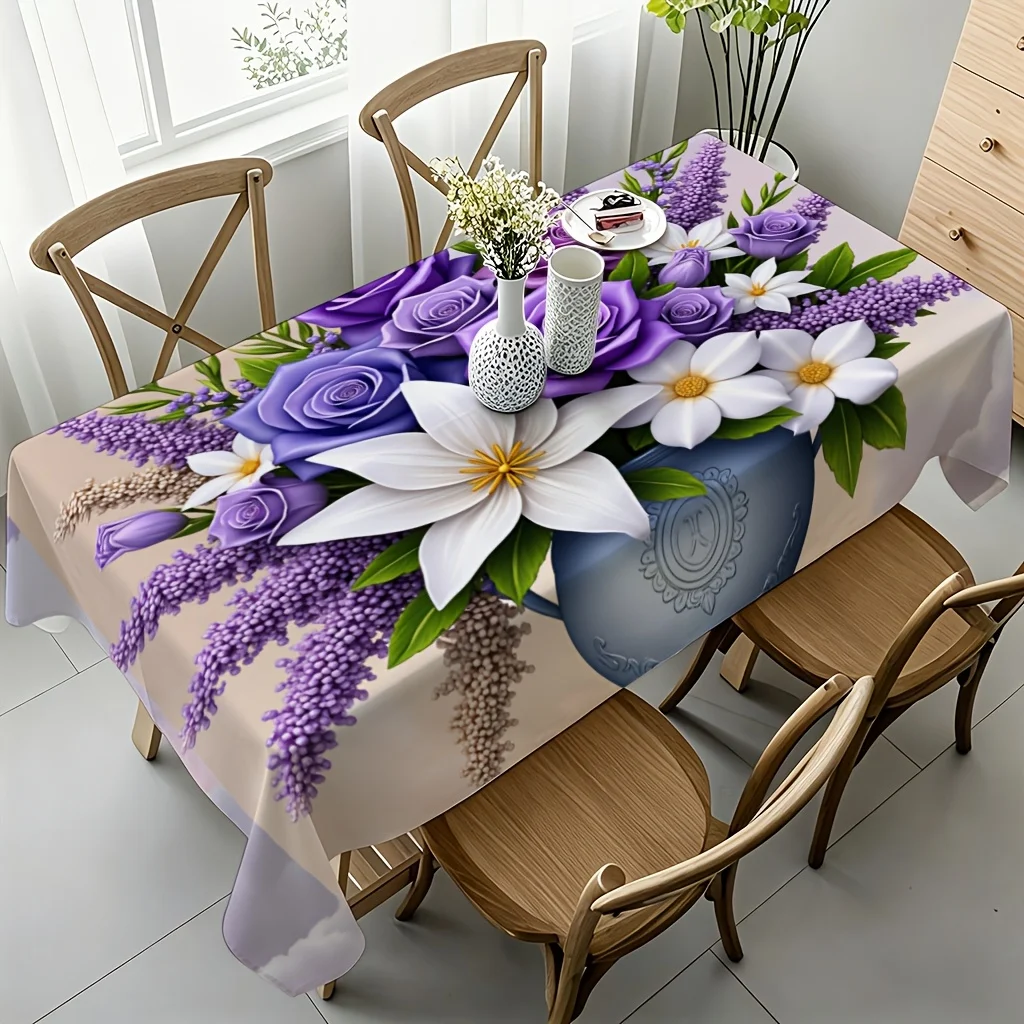 Romantic Flower Tablecloth Purple Rose Lily Bouquet Vase Print Rectangular Table Cover Kitchen Dining Decor Party Daily Use