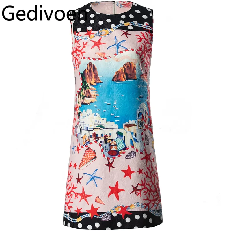 

Gedivoen Summer Fashion Runway Designer Dresses Women's Bohemian Beach Polka Dot Print Jacquard Sleeveless Tank Mini Dresses