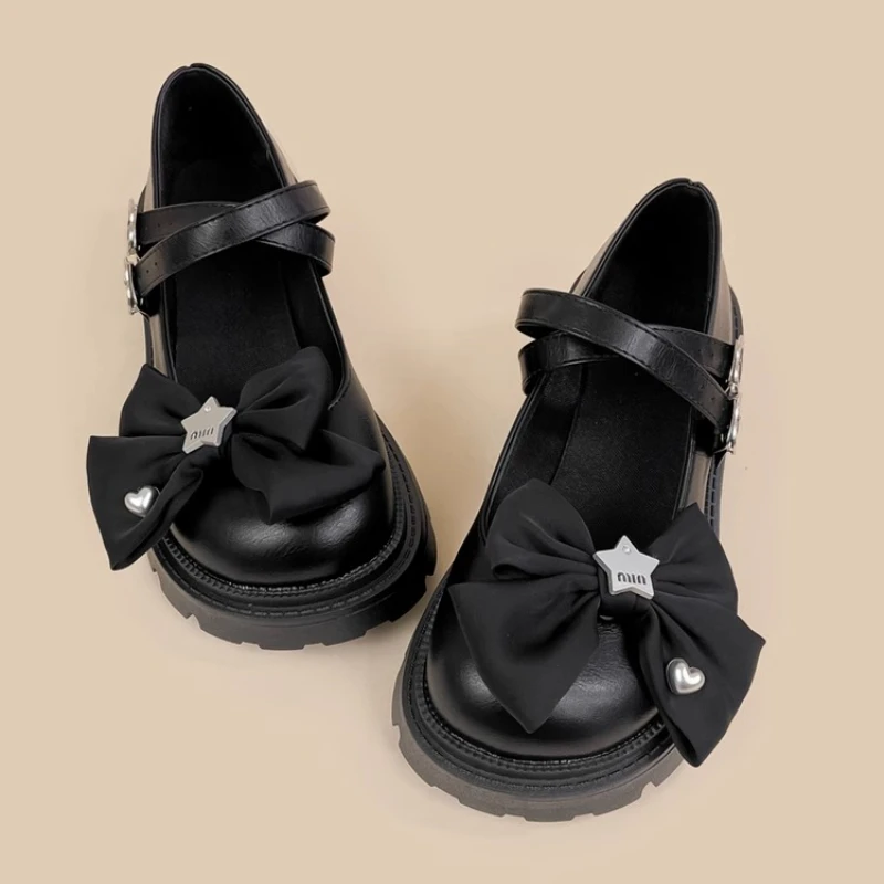Dophee Japan Style Thick Sold Mary Jane Shoes All-match Beads Bow Lolita Leather Shoes Round Toe Black Students Platforms Shoes