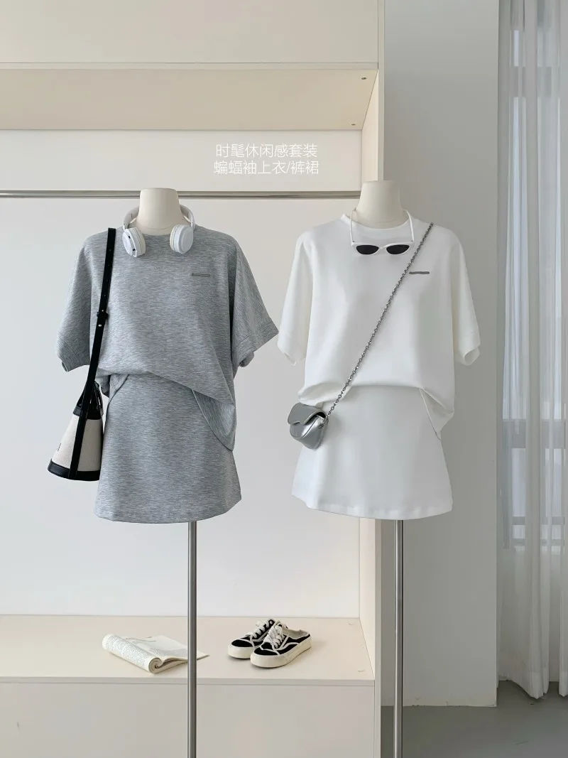 

Korean Fashion Summer New Women Two Piece Skirt Sets Simple Short Batwing Sleeve Loose T-shirt + High Waist A Line Mini Skirt