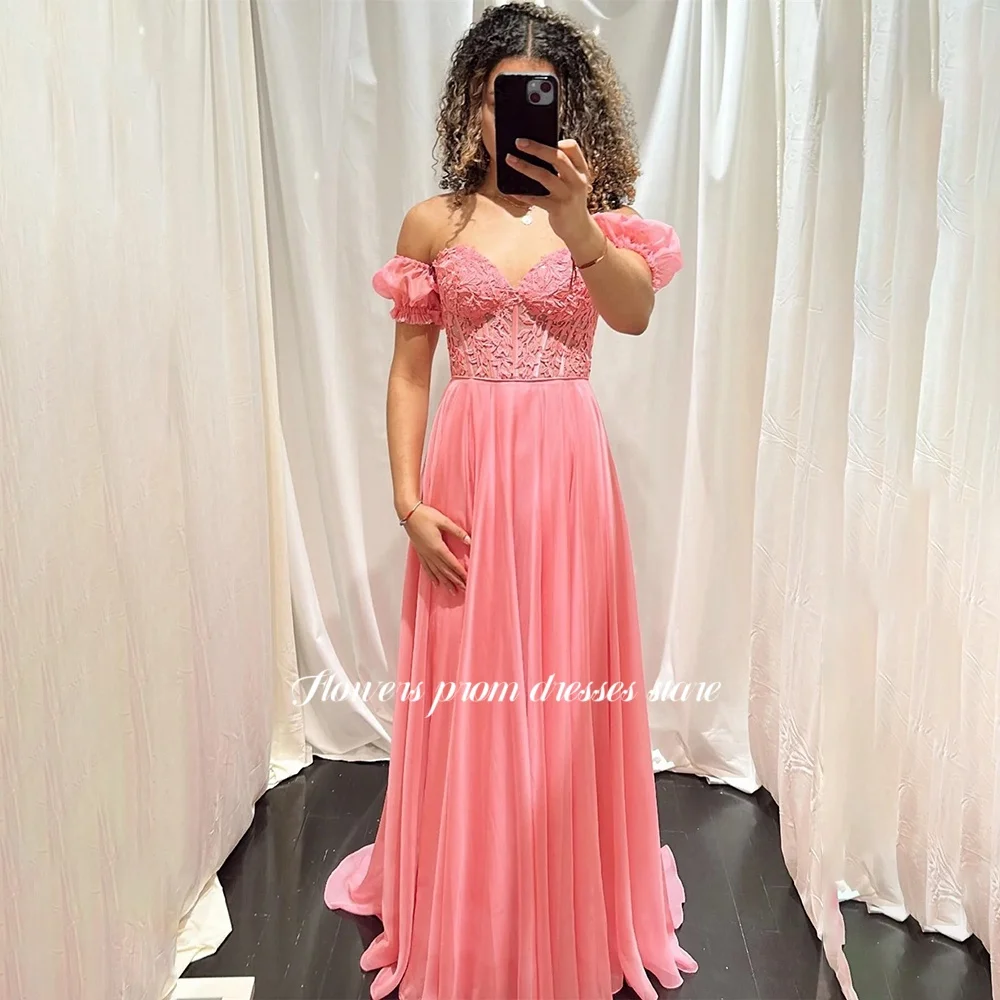 

Flowers A Line Party Dress Off Shoulder Prom Dress Lace Applique Evening Dress Gala Chiffon Party Dress for Women Customized