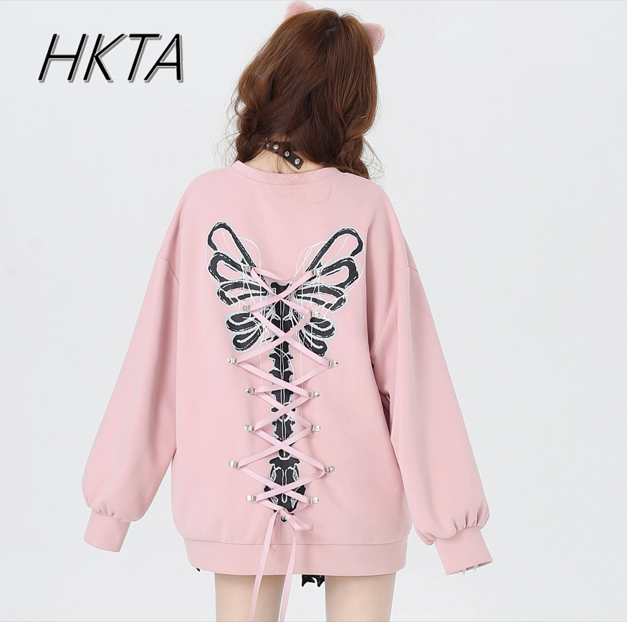 Autumn New Girls Sweet Cool Back Bow Strap Crew Neck Loose Casual Pink Sweatshirt Coat Women's Casual Pullover Hoodie Coats Tops