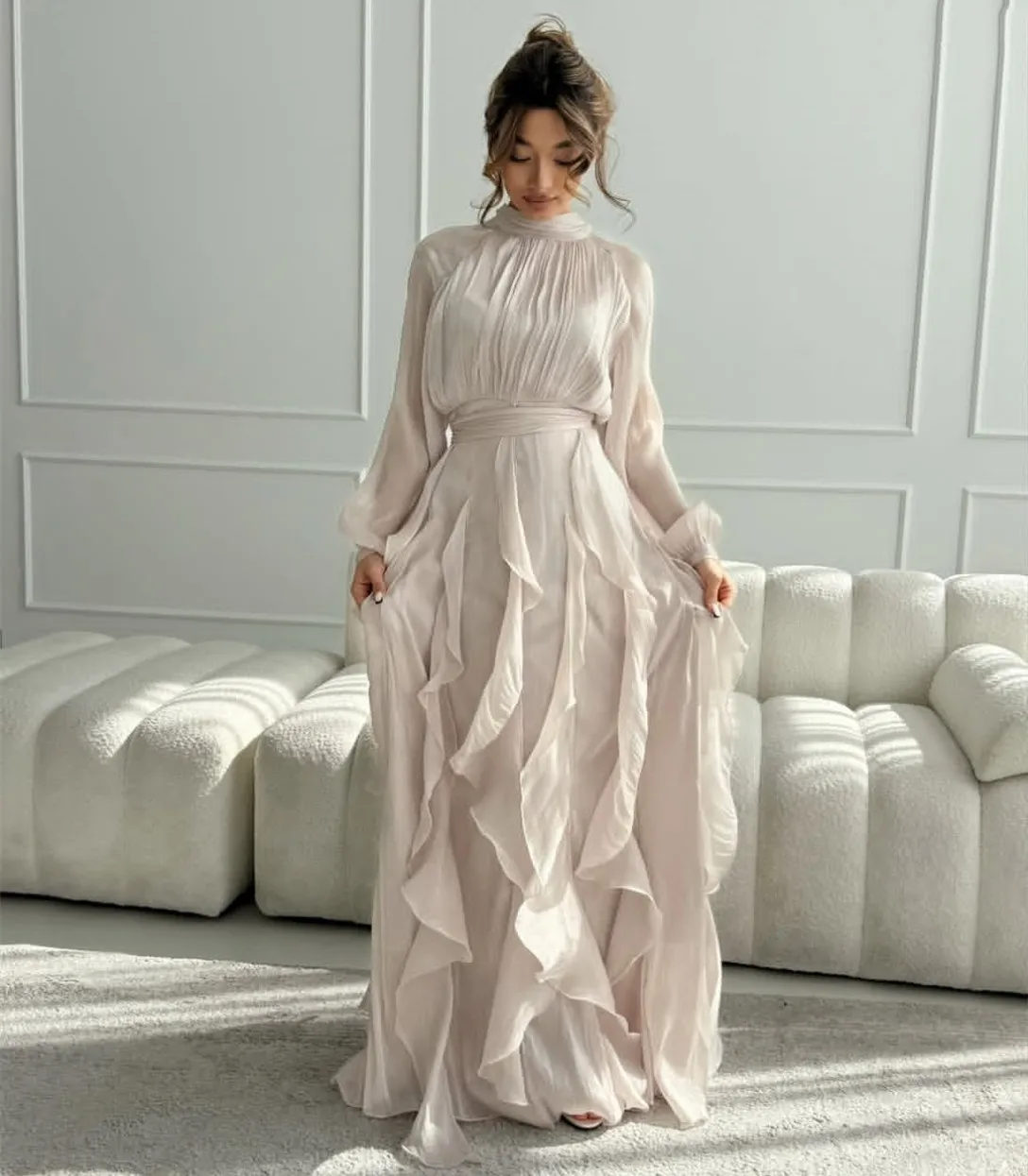 

Customized Long High Neck Evening Dresses with Ruffle A-Line Organza Floor Length فساتين الحفلة Prom Dress for Women