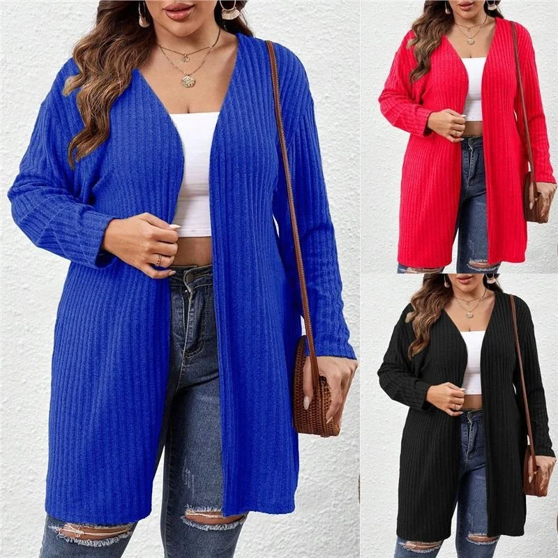 

Faionable V-Ne Open Cardigan Pure Color Brued Mid-Length plus Size Women's Clothing Autumn Winter PU Leather Jaet