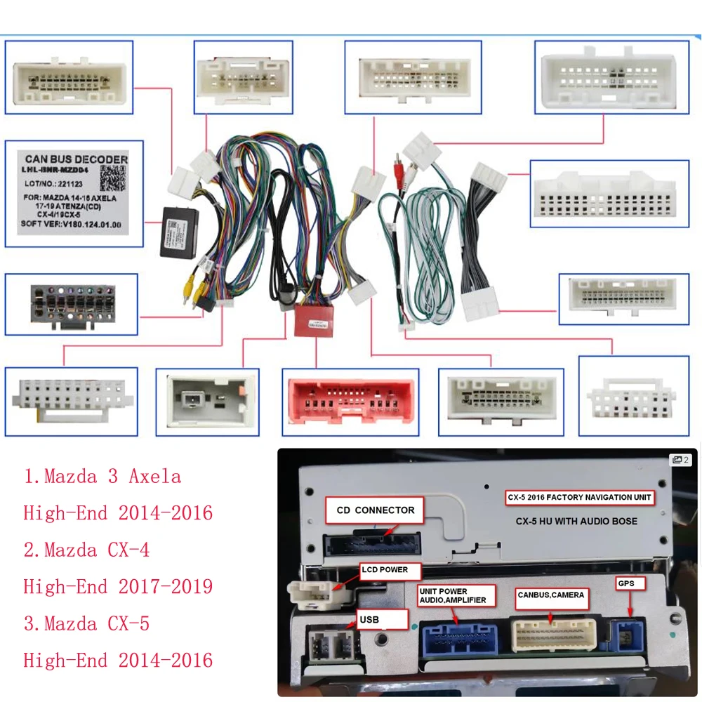 For Mazda 3 Axela CX-4 CX-5 CX4/CX516Pin Car Wire Harness Adapter Canbus Box Android Radio Power Cables Decoder