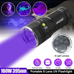 8Lights 160W UV Flashlight 395nm Black Mirror Flashlamp Ultraviolet Ink Dryer Money Fluorescer Detector Purple Light Torch