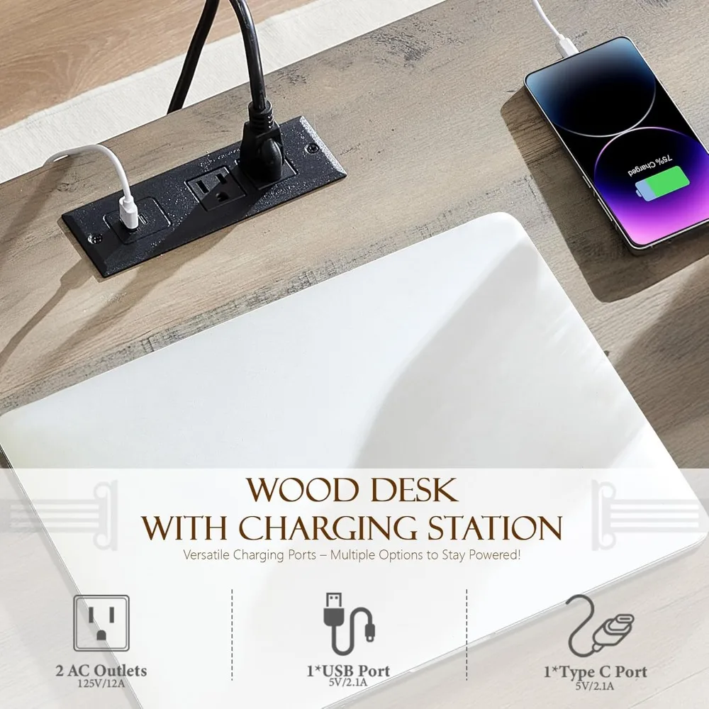 Scrivania direzionale in legno da 55'' con 7 cassetti - Scrivanie per ufficio domestico in fattoria con presa di corrente, scrivania per computer in legno con colonna romana