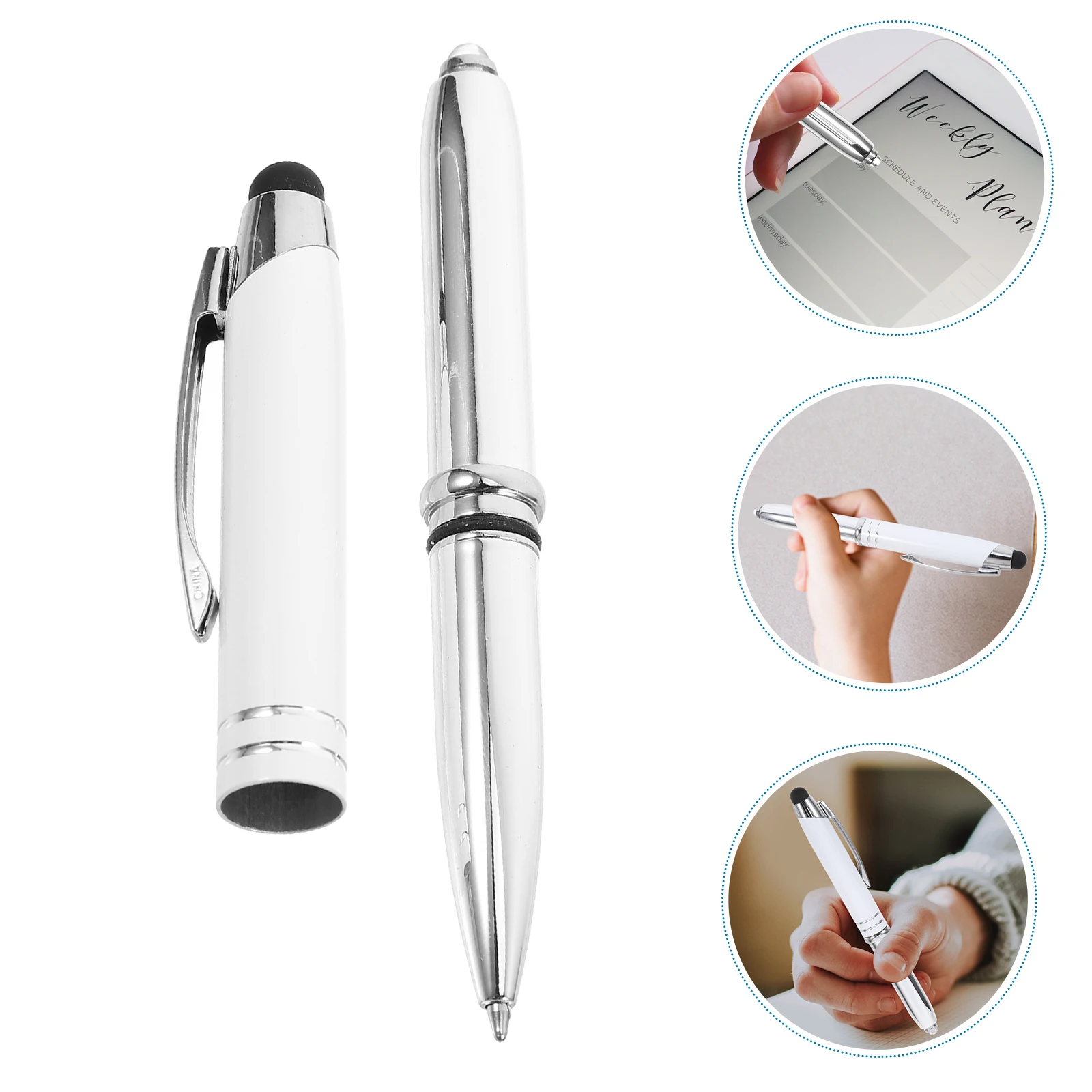 LED Light Ballpoint Pen Tip Multifunction with Stylus White Writing Daily Use Metal