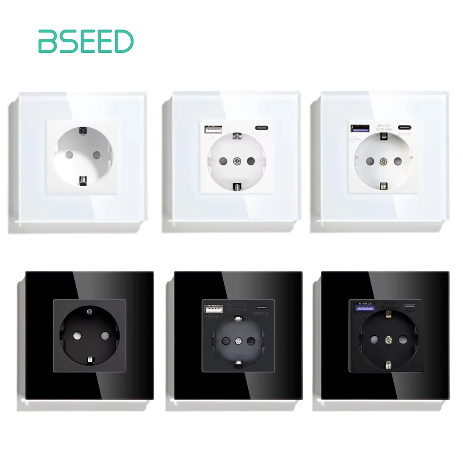 BSEED prise murale cadre en verre Charge de téléphone USB C prise unique 16A norme ue 110V - 240V prise électrique type-c montage mural