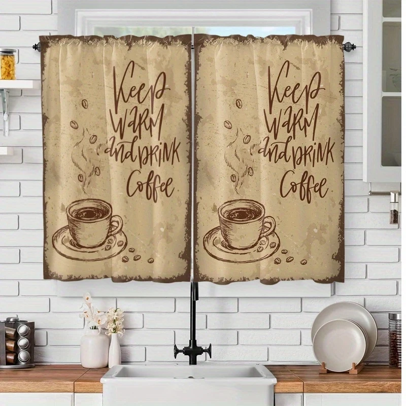 VIKAMA 2-Piece Retro Coffee Cup Pattern Short Curtains Modern Window Drapes For Kitchen Bedroom Dining Room Home Decoration