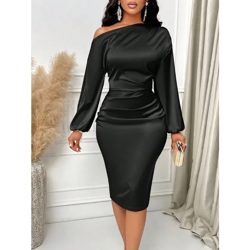 

Женское весенне-летнее розовое атласное платье миди на одно плечо с длинными пышными рукавами, драпировкой на талии, облегающее, для вечеринок