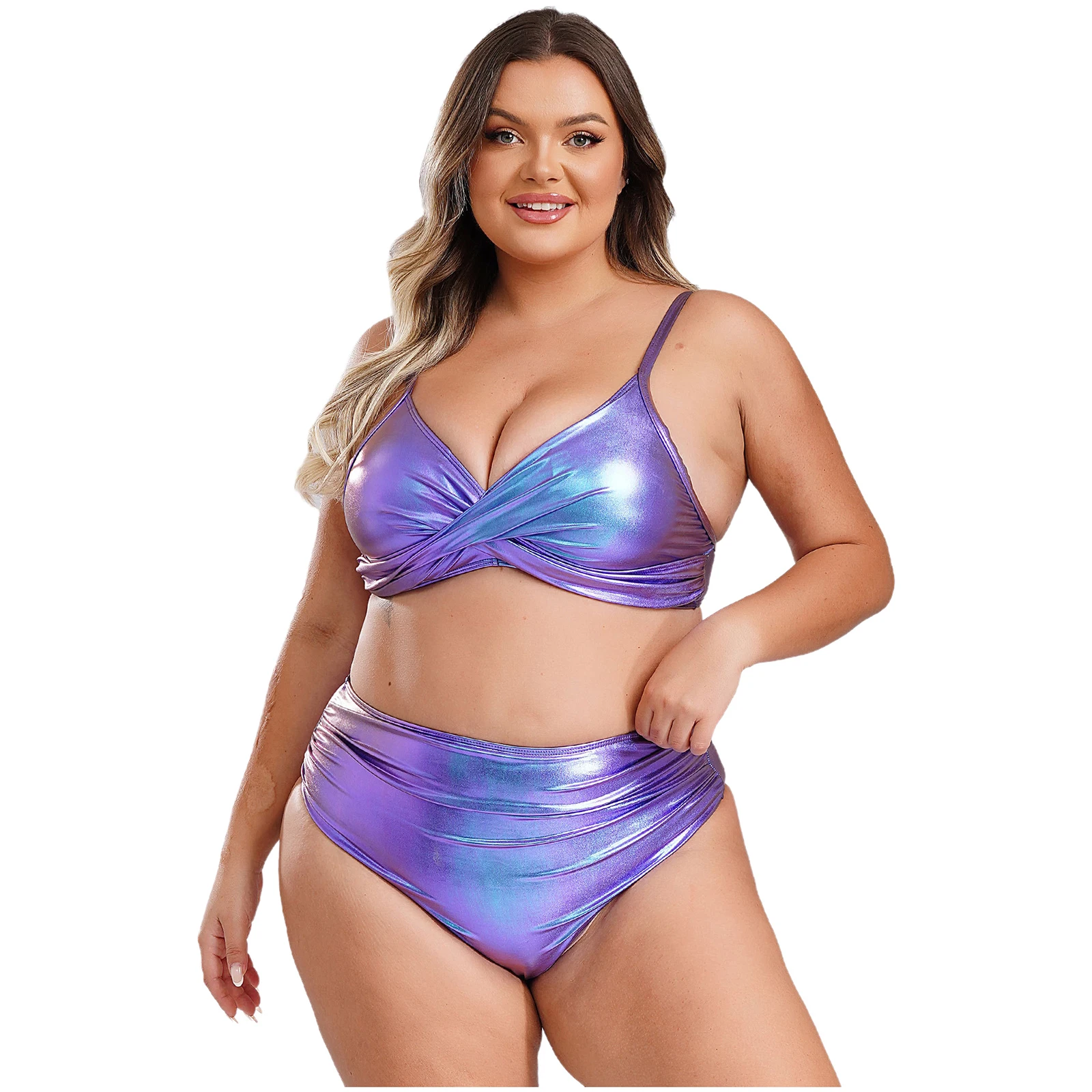 

Two Pieces Women Plus Size Shiny Tankini Swimsuit Padded Wireless Bra Tops with Tummy Control Botoom Set Bathing Swimwear Suit