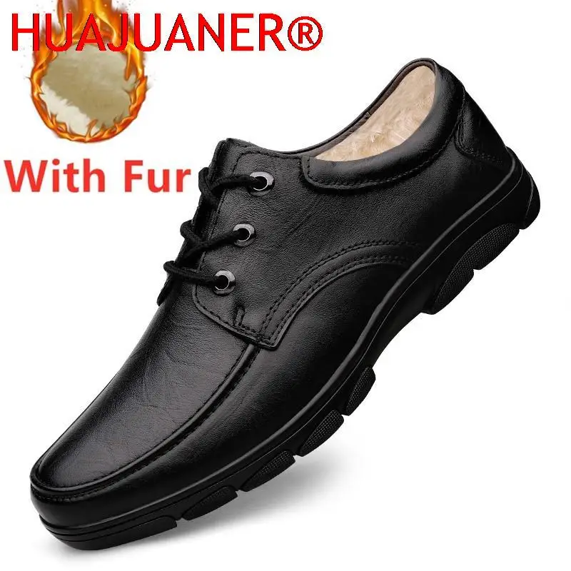 

New Men Shoes Winter Oxfords Fur Warm Business Dress Shoes Man Driving Slip on Flat Footwear Male Genuine Leather Casual Loafers