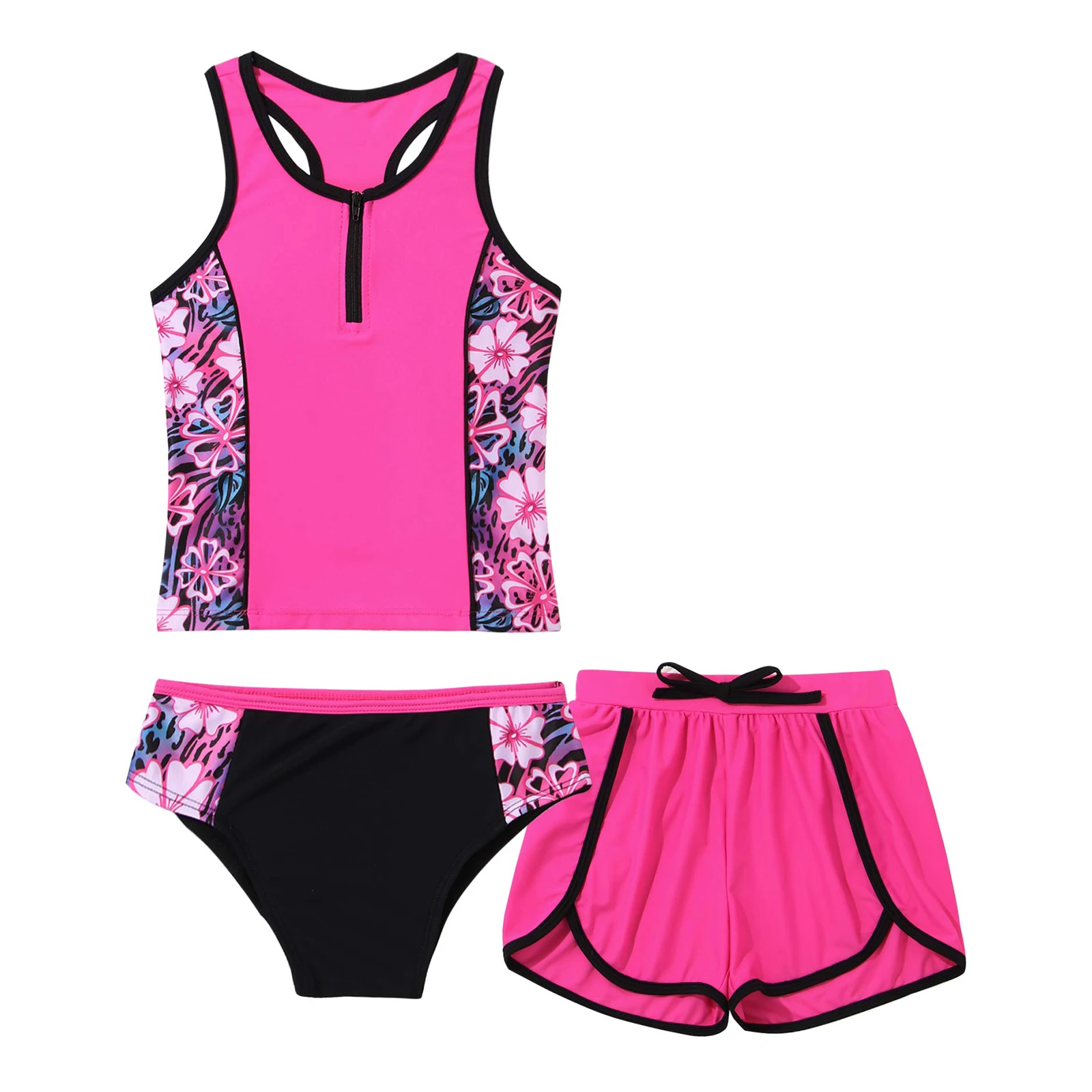 3Pcs Kids Girls Swimsuit Swimwear Tank Tops + Shorts + Briefs Printed Tankini Set Beach Wear Summer Children Bathing Suit 4-16Y