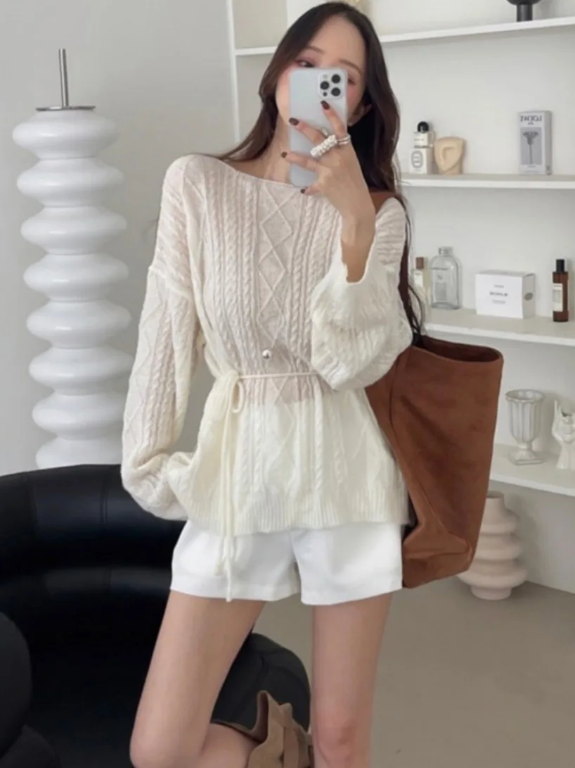 

Корейский вязаный свитер с милым поясом на талии, женский топ Ele Gentle Faion, уменьшающий возраст, ранняя осень), соответствующий ...