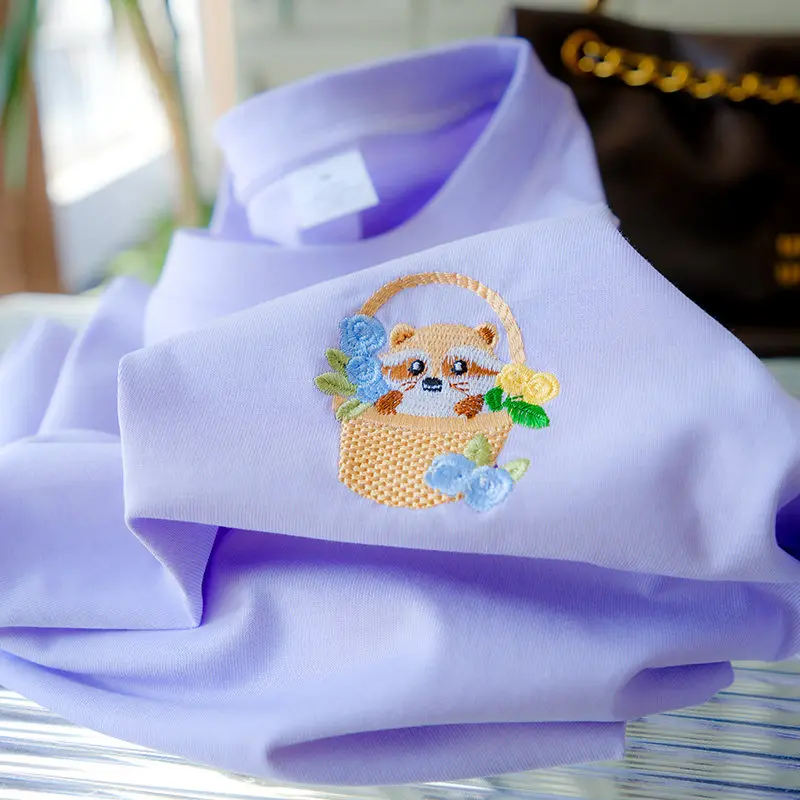 Women's Unisex Short Sleeve T-Shirt 100% Cotton Embroidered Raccoon White New Arrival 2026 Summer Trending Casual Wear