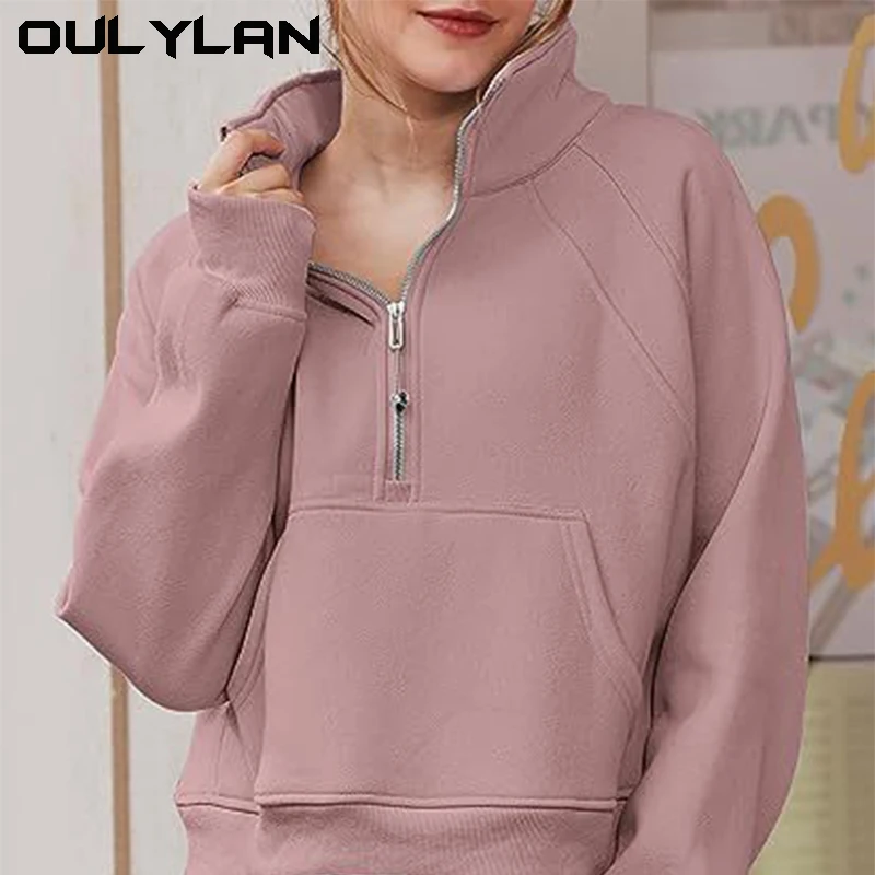 

Short stand collar thumb hole hoodie plus fleece hoodie trend new 2024 women's yoga wear half zip hoodie