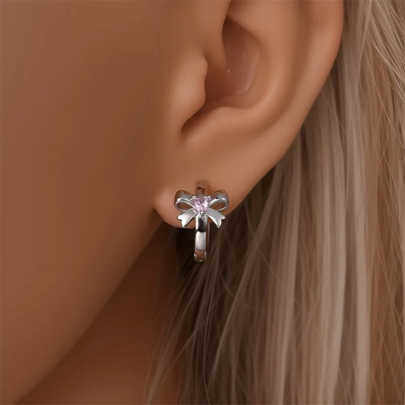 Sweety Women's 925 Sterling Silver Bow Princess Powder Sparkling Zircon Trendy Earrings Fit For Wedding Party Exquisite Jewelry