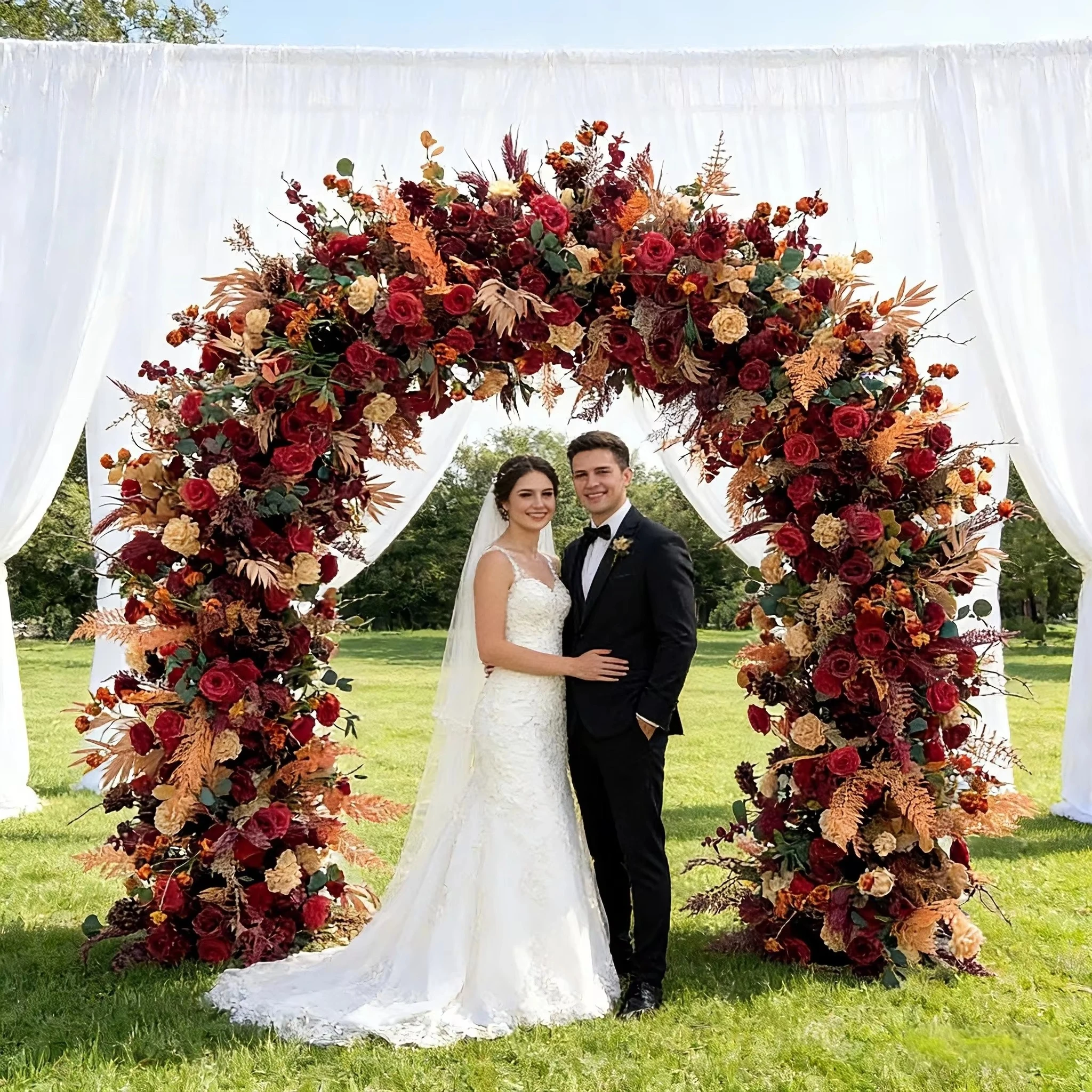 Faux Flowers Wholesale Customized Red Lifelike Silk Wedding Artificial Flower Arch With Brackets for Easy Installation