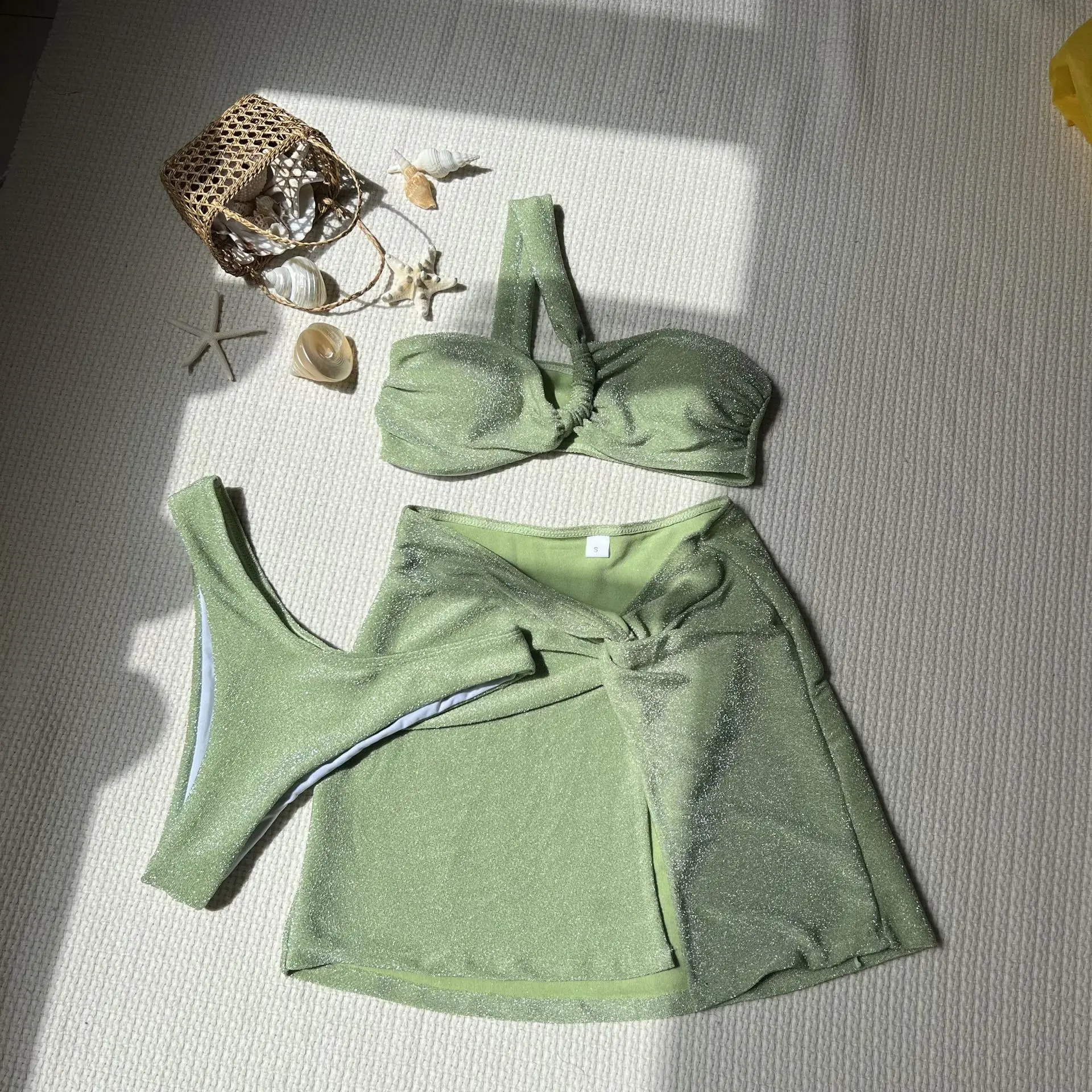 

sexy gillter solid one shoulder bikinis sets three pieces with knot wrinkled split mini skirt swimsuits bathing suit tankini