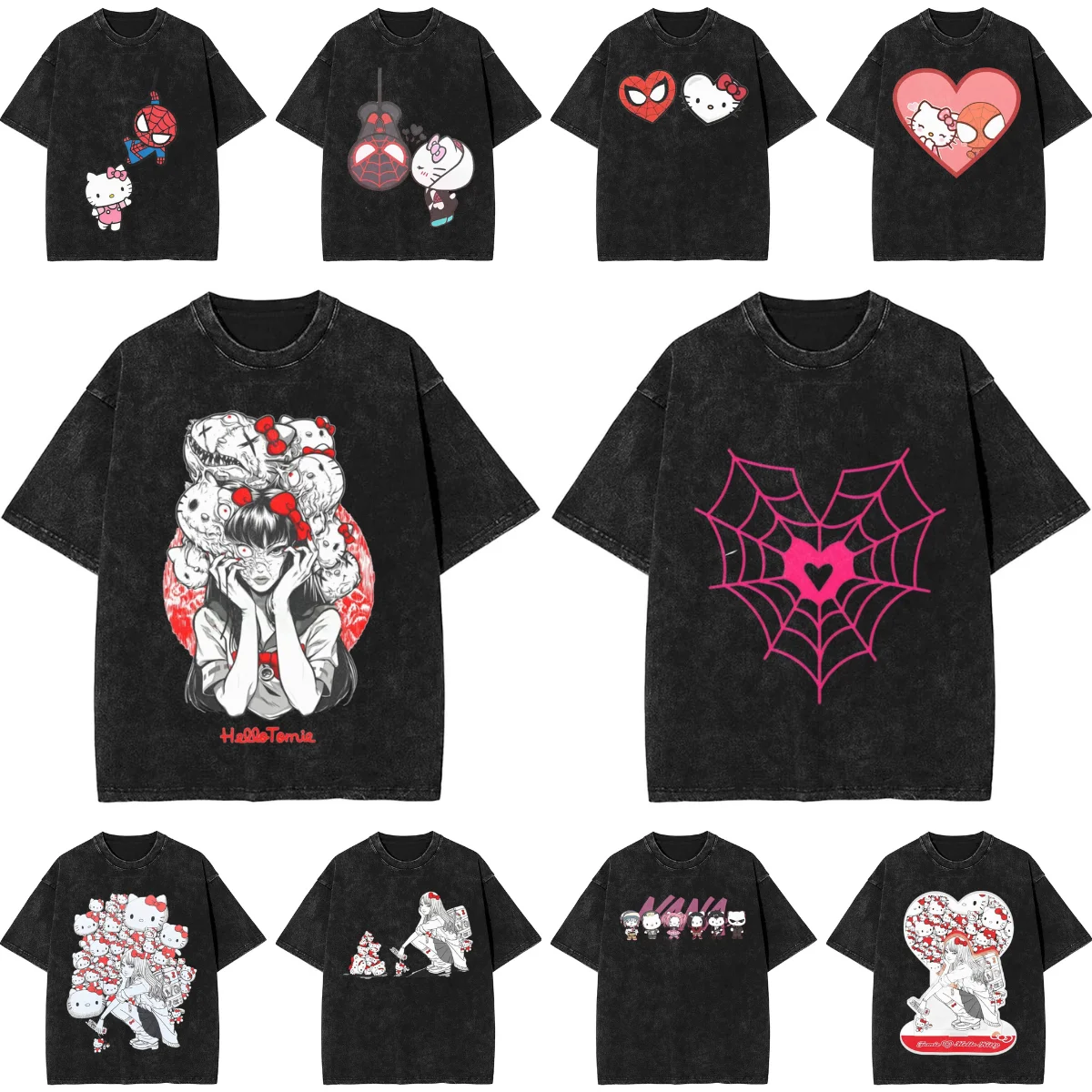 

Junji Ito X Hello Kitty T-Shirt Novelty T Shirts Short Sleeve Streetwear Tops Summer Cotton Round Neck Big Size Top Tees