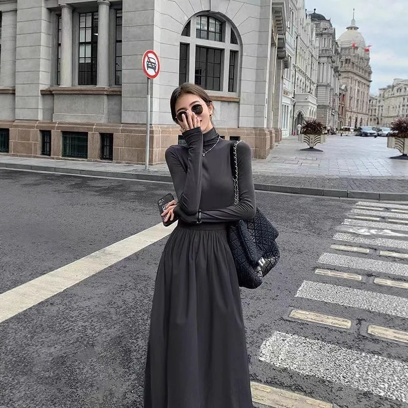 Vestido fino coreano elegante, vestido midi elegante e chique, vestido casual de manga comprida em camadas, vestido fluido de mistura de algodão plissado