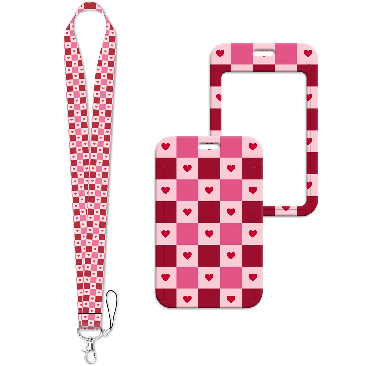 Pink Checkered Heart Print Lanyard Neck Strap Keychain Card Cover Badge Holder Mobile Phone Hang Rope Keyring Accessories Gifts