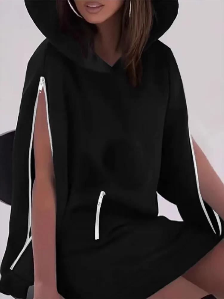 เสื้อโค้ทมีฮู้ดแบบซิปสำหรับผู้หญิง สไตล์เทรนด์ฤดูใบไม้ร่วงและฤดูหนาว ดีไซน์โดดเด่น สีพื้น แขนยาว ปลายแขนซิปเปิด