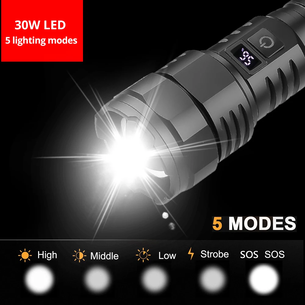 High Power 30W LED Flashlight USB Rechargeable 26650 Torch with Power Display Screen Waterproof Zoom Camping Fishing Lantern