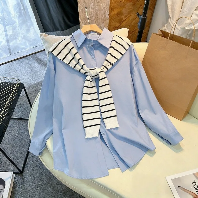 

E-BAIHUI Womens Blue Shirt with Shawl Front Open Long Sleeved Lapel Basic Shirts Spring Korean Fashion Casual Two-piece Lady Top