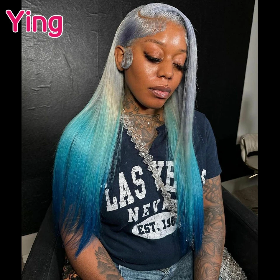 Grey Omber Azure Blue Straight 13x6 Transparent Lace Front Wigs Human Hair Brazilian Remy 180% PrePlucked 13X4 Lace Front Wigs