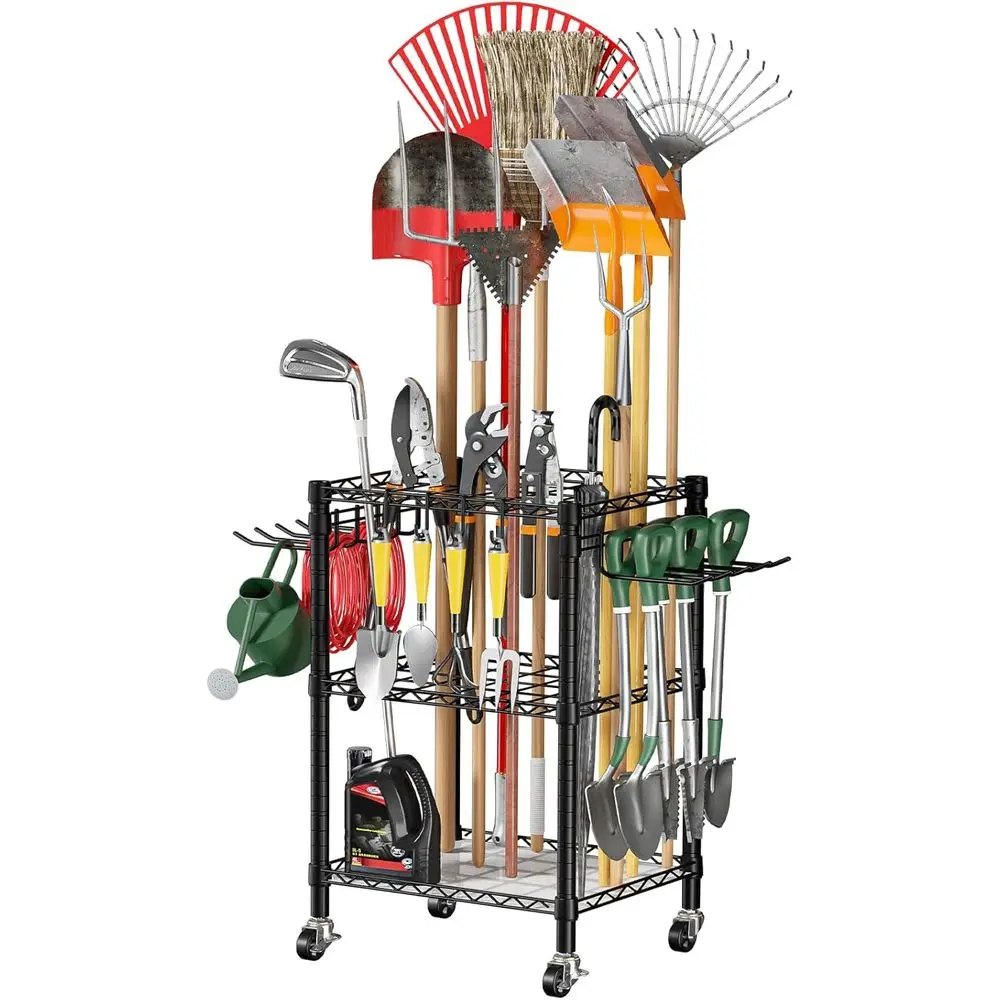 

Garden Tool Organizer With Lockable Wheels - Heavy Duty Garage Storage for Yard, Shed, Outdoor and Lawn, Holds Up to 50 Tools, B