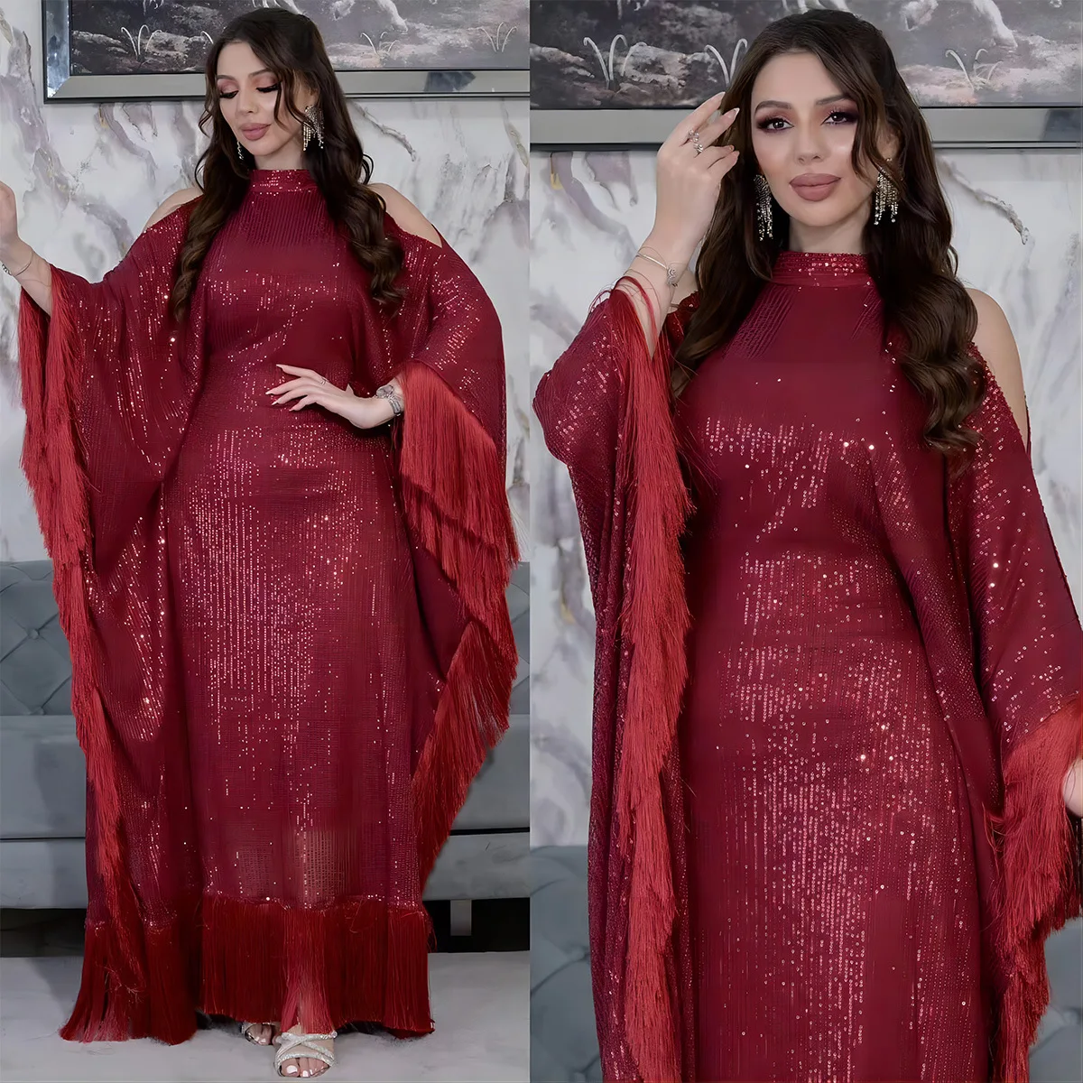 

Ramadan Eid Tassel Sequin Batwing Abaya Dubai Women Islam Muslim Maxi Kaftan Dresses Kebaya Caftan Marocain Robe Femme Musulmane