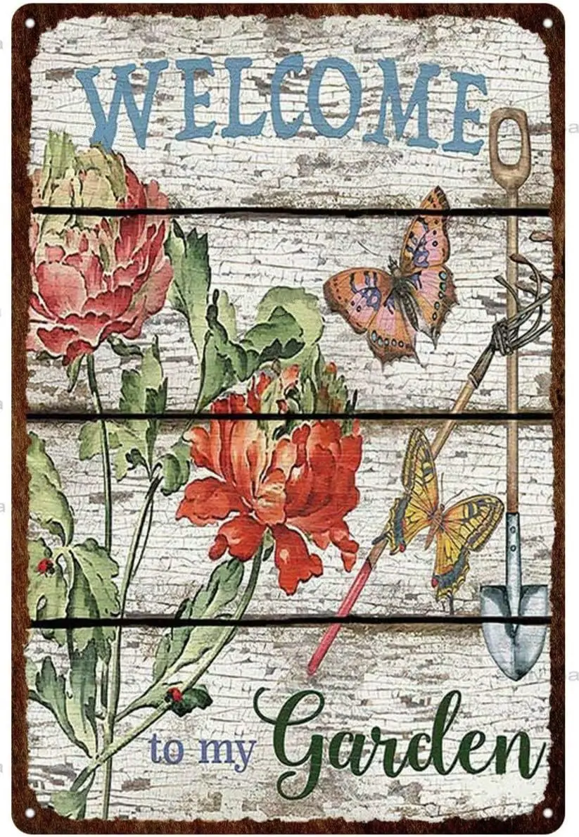 Art Decoration for Home Club Cabin Garage Store Bar Cafe Farm Vintage  Sign Welcome to My Garden Metal Wall Panel Retro