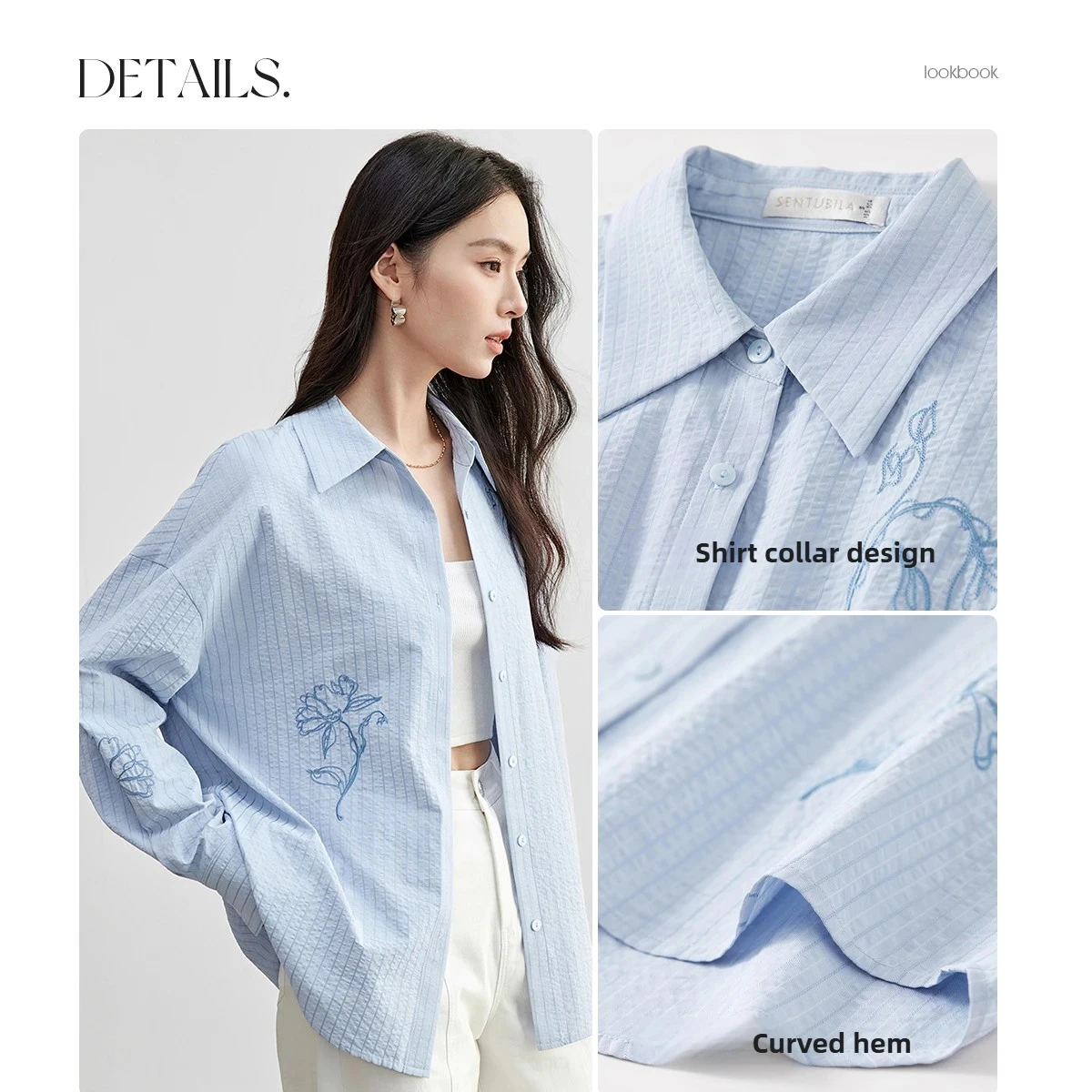 SENTUBILA Commuter Simple Stripe Shirts Women 2025 Autumn Long Sleeve Loose Blouse Flower Embroidery Female Clothing 151C58138