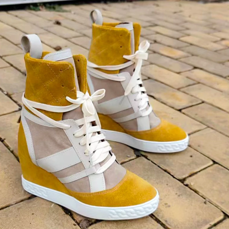 Yellow Real Leather Mixed Color Height Increasing Women Ankle Boots Ladies Round Toe Lace-up Flats Casual Shoes Sneakers 2024