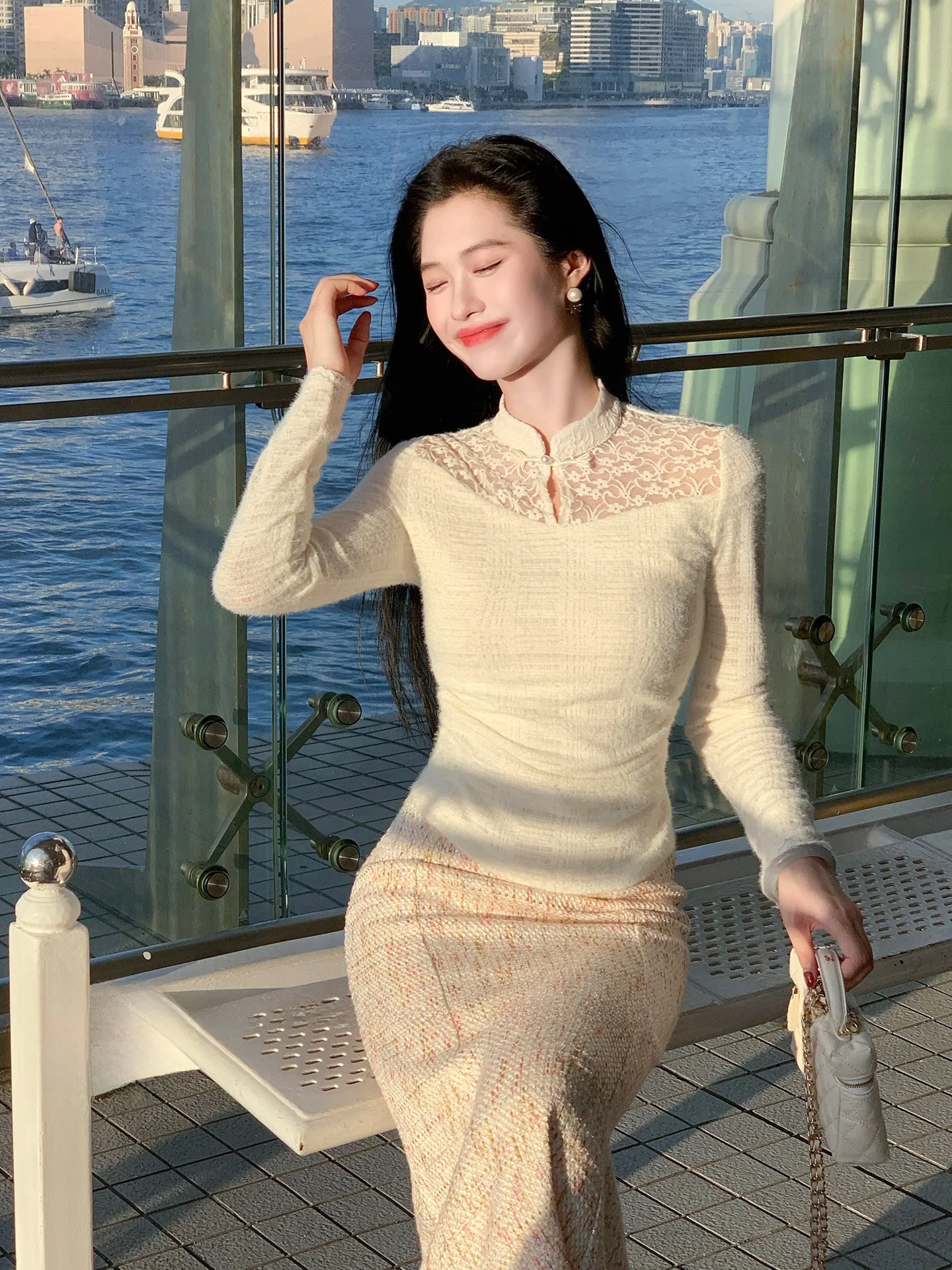 

Lingan Zhihe, новый китайский кружевной топ с воротником-стойкой, женский осенне-зимний длинный воротник-стойка с цветочным принтом Dr Silk